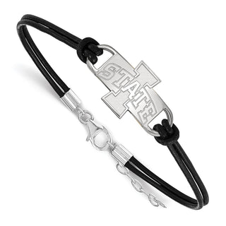 Sterling Silver Rhodium-plated LogoArt Iowa State University Medium Center Black Leather 7 inch Bracelet with Extender