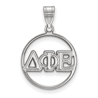 Sterling Silver Rhodium-plated LogoArt Delta Phi Epsilon Sorority Greek Letters Medium Circle Pendant