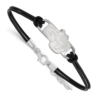 Sterling Silver Rhodium-plated LogoArt Gonzaga University G-U Bulldog Small Center Black Leather 7 inch Bracelet with Extender