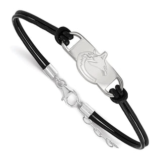 Sterling Silver Rhodium-plated NHL LogoArt Vancouver Canucks Small Center Black Leather 7 inch Bracelet with Extender
