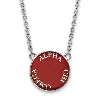 Sterling Silver Rhodium-plated LogoArt Alpha Chi Omega Sorority Text Large Color Enamel Pendant 18 inch Necklace SS013ACO-18