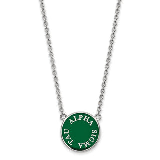 Sterling Silver Rhodium-plated LogoArt Alpha Sigma Tau Sorority Text Large Color Enamel Pendant 18 inch Necklace SS013ALS-18