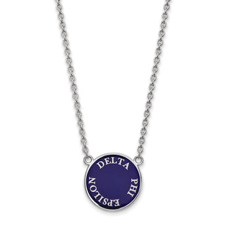 Sterling Silver Rhodium-plated LogoArt Delta Phi Epsilon Sorority Text Large Color Enamel Pendant 18 inch Necklace SS013DPH-18