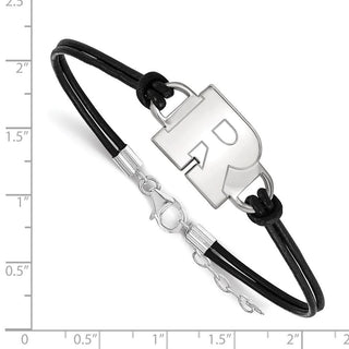 Sterling Silver Rhodium-plated LogoArt Rutgers University Letter R Small Center Black Leather 7 inch Bracelet with Extender