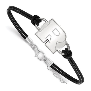 Sterling Silver Rhodium-plated LogoArt Rutgers University Letter R Small Center Black Leather 7 inch Bracelet with Extender