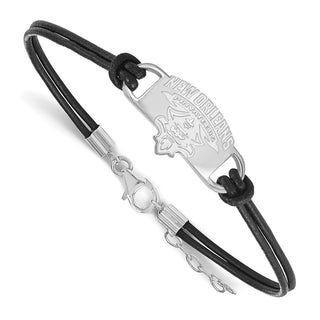 Sterling Silver Rhodium-plated LogoArt University of New Orleans U-N-O Small Center Black Leather 7 inch Bracelet with Extender