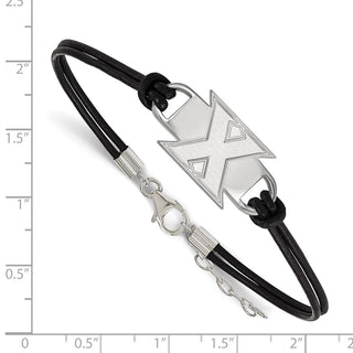 Sterling Silver Rhodium-plated LogoArt Xavier University Letter X Black Leather 7 inch Bracelet with Extender