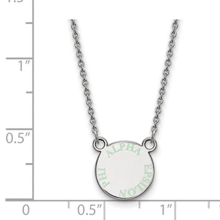 Sterling Silver Alpha Epsilon Phi Sorority Necklace - Extra Small Green Enamel Lettering Disc, 18in Chain, Rhodium-Plated
