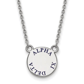 Sterling Silver Rhodium-plated LogoArt Alpha Xi Delta Sorority Text Small Color Enamel Pendant 18 inch Necklace SS014AXD-18