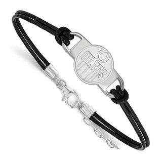 Sterling Silver Rhodium-plated NHL LogoArt Edmonton Oilers Small Center Black Leather 7 inch Bracelet with Extender