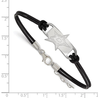 Sterling Silver Rhodium-plated NHL LogoArt Dallas Stars Small Center Black Leather 7 inch Bracelet with Extender
