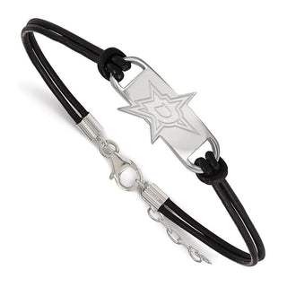 Sterling Silver Rhodium-plated NHL LogoArt Dallas Stars Small Center Black Leather 7 inch Bracelet with Extender