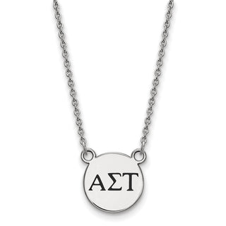 Sterling Silver Rhodium-plated LogoArt Alpha Sigma Tau Sorority Greek Letters Small Black Enamel Pendant 18 inch Necklace