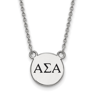 Sterling Silver Rhodium-plated LogoArt Alpha Sigma Alpha Sorority Greek Letters Small Black Enamel Pendant 18 inch Necklace