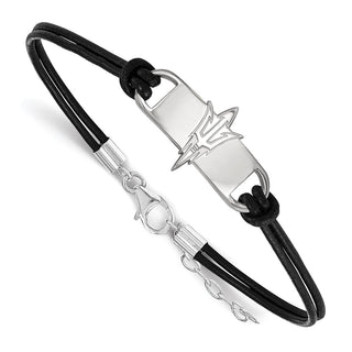 Sterling Silver Rhodium-plated LogoArt Arizona State University Pitchfork Small Center Black Leather 7 inch Bracelet with Extender