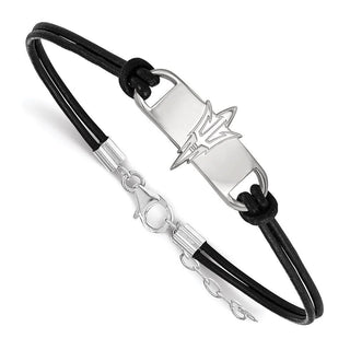 Sterling Silver Rhodium-plated LogoArt Arizona State University Pitchfork Small Center Black Leather 7 inch Bracelet with Extender