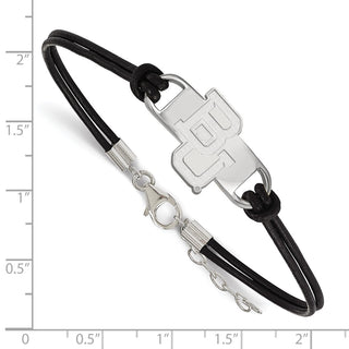 Sterling Silver Rhodium-plated LogoArt Baylor University Bears Small Center Black Leather 7  inch Bracelet with Extender