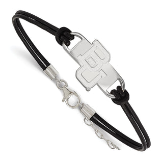 Sterling Silver Rhodium-plated LogoArt Baylor University Bears Small Center Black Leather 7  inch Bracelet with Extender