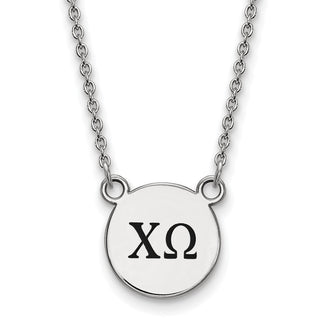 Sterling Silver Rhodium-plated LogoArt Chi Omega Sorority Greek Letters Small Black Enamel Pendant 18 inch Necklace
