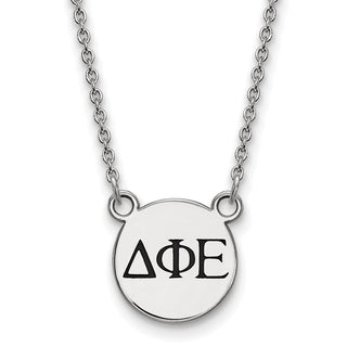 Sterling Silver Rhodium-plated LogoArt Delta Phi Epsilon Sorority Greek Letters Small Black Enamel Pendant 18 inch Necklace