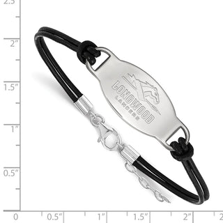Sterling Silver Rhodium-plated LogoArt Longwood University Lancers Black Leather 7 inch Bracelet with Extender