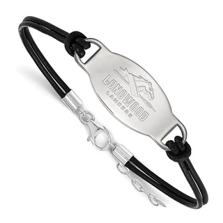 Sterling Silver Rhodium-plated LogoArt Longwood University Lancers Black Leather 7 inch Bracelet with Extender