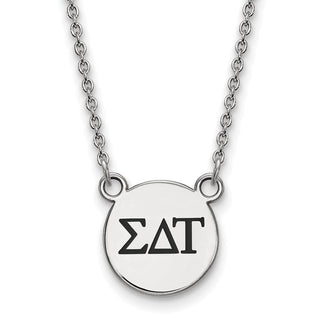 Sterling Silver Rhodium-plated LogoArt Sigma Delta Tau Sorority Greek Letters Small Black Enamel Pendant 18 inch Necklace