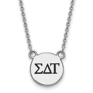 Sterling Silver Rhodium-plated LogoArt Sigma Delta Tau Sorority Greek Letters Small Black Enamel Pendant 18 inch Necklace