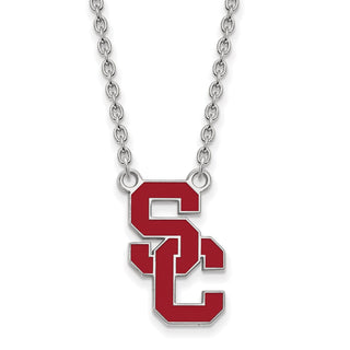 Sterling Silver Rhodium-plated LogoArt University of Southern California S-C Large Enameled Pendant 18 inch Necklace