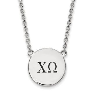 Sterling Silver Rhodium-plated LogoArt Chi Omega Sorority Greek Letters Large Black Enamel Pendant 18 inch Necklace