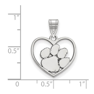 Sterling Silver Rhodium-plated LogoArt Clemson University Tiger Paw Heart Pendant