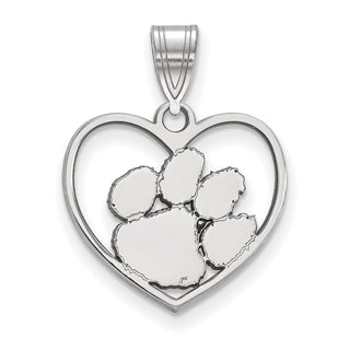 Sterling Silver Rhodium-plated LogoArt Clemson University Tiger Paw Heart Pendant