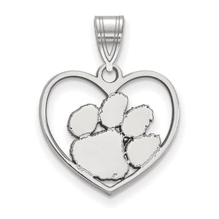 Sterling Silver Rhodium-plated LogoArt Clemson University Tiger Paw Heart Pendant