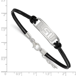 Sterling Silver Rhodium-plated LogoArt Louisiana State University L-S-U Small Center Black Leather 7 inch Bracelet with Extender