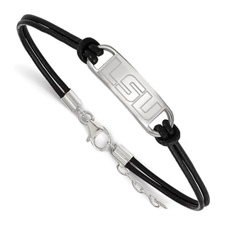 Sterling Silver Rhodium-plated LogoArt Louisiana State University L-S-U Small Center Black Leather 7 inch Bracelet with Extender
