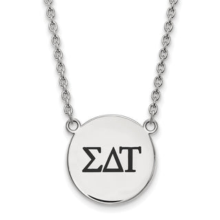 Sterling Silver Rhodium-plated LogoArt Sigma Delta Tau Sorority Greek Letters Large Black Enamel Pendant 18 inch Necklace