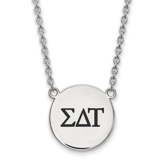 Sterling Silver Rhodium-plated LogoArt Sigma Delta Tau Sorority Greek Letters Large Black Enamel Pendant 18 inch Necklace