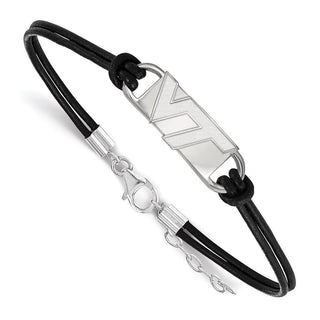 Sterling Silver Rhodium-plated LogoArt Virginia Tech V-T Small Center Black Leather 7 inch Bracelet with Extender