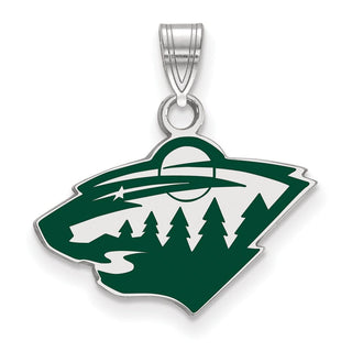Sterling Silver Rhodium-plated NHL LogoArt Minnesota Wild Small Enameled Pendant