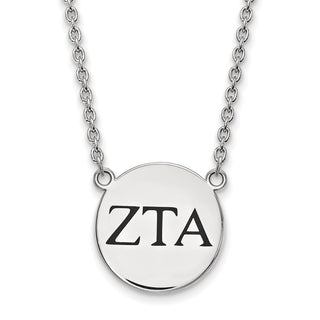 Sterling Silver Rhodium-plated LogoArt Zeta Tau Alpha Sorority Greek Letters Large Black Enamel Pendant 18 inch Necklace