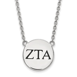 Sterling Silver Rhodium-plated LogoArt Zeta Tau Alpha Sorority Greek Letters Large Black Enamel Pendant 18 inch Necklace