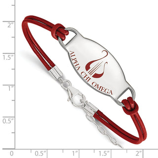 Sterling Silver Rhodium-plated LogoArt Alpha Chi Omega Sorority Symbol Color Enamel Color Leather 7 inch Bracelet with Extender