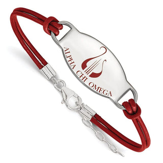 Sterling Silver Rhodium-plated LogoArt Alpha Chi Omega Sorority Symbol Color Enamel Color Leather 7 inch Bracelet with Extender