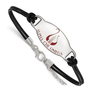 Sterling Silver Rhodium-plated LogoArt Alpha Chi Omega Sorority Symbol Color Enamel Black Leather 7 inch Bracelet with Extender