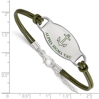 Sterling Silver Rhodium-plated LogoArt Alpha Sigma Tau Sorority Symbol Color Enamel Color Leather 7 inch Bracelet with Extender