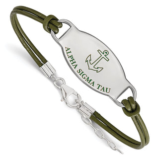 Sterling Silver Rhodium-plated LogoArt Alpha Sigma Tau Sorority Symbol Color Enamel Color Leather 7 inch Bracelet with Extender