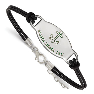 Sterling Silver Rhodium-plated LogoArt Alpha Sigma Tau Sorority Symbol Color Enamel Black Leather 7 inch Bracelet with Extender