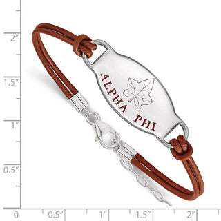 Sterling Silver Rhodium-plated LogoArt Alpha Phi Sorority Symbol Color Enamel Color Leather 7 inch Bracelet with Extender