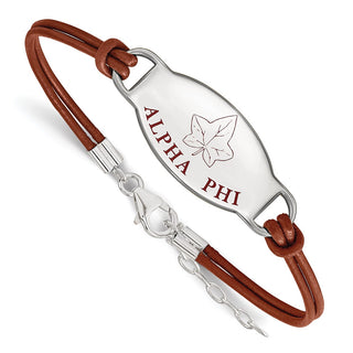 Sterling Silver Rhodium-plated LogoArt Alpha Phi Sorority Symbol Color Enamel Color Leather 7 inch Bracelet with Extender