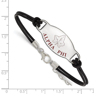 Sterling Silver Alpha Phi Sorority Black Leather Bracelet - Symbol Enamel, 7in with Extender, Logo Size 15 x 33mm, Rhodium-Plated
